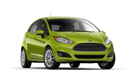 Green Ford Fiesta compact hatchback, front side view, modern design with sleek headlights on white background